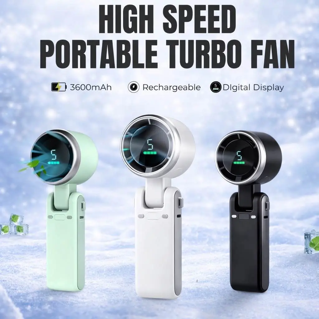 Portable Rechargeable Turbo Fan with Digital Display – 5 Speed Foldable Handheld Mini Fan - Image 3